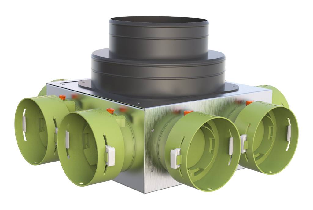 Tecnosystemi Plenum di distribuzione per sistemi VMC 90° canalizzati uscite da diametro 75 e 90 completi di serranda di taratura