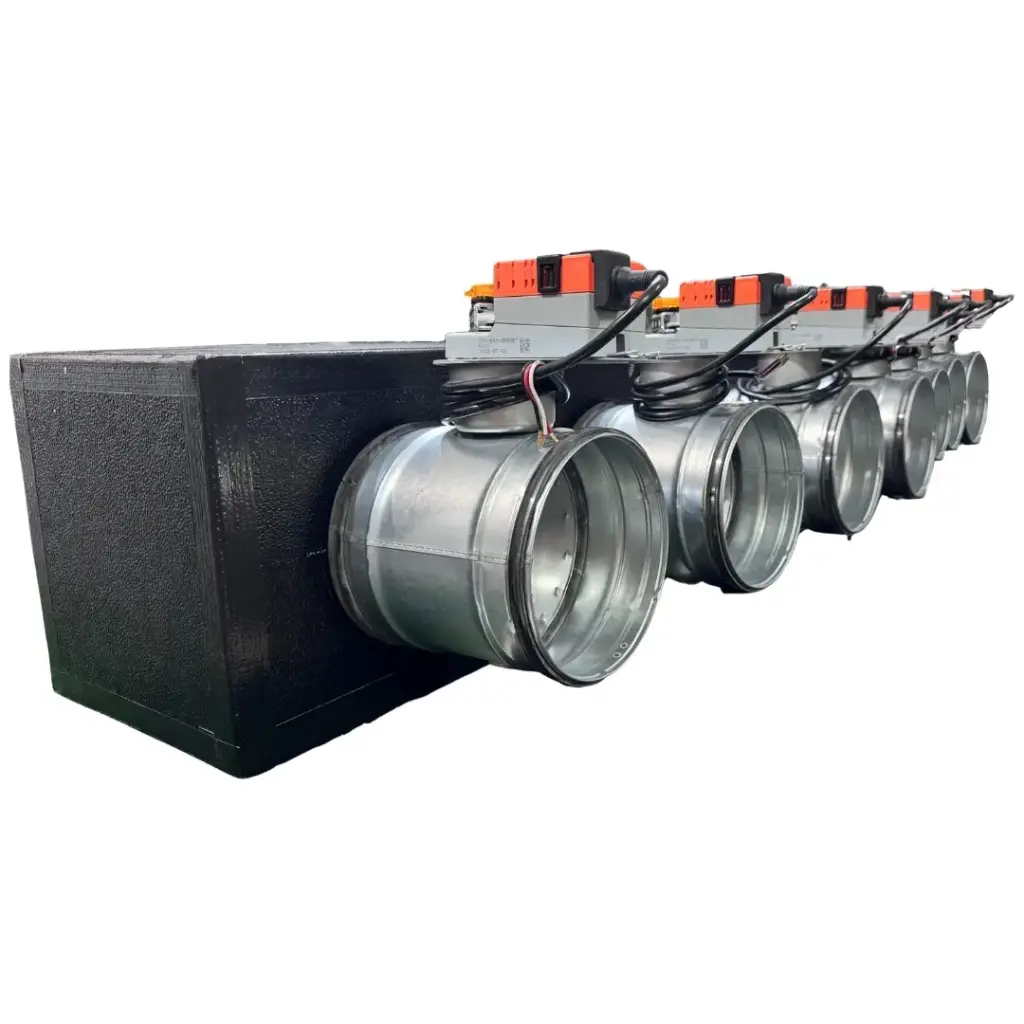 Plenum in poliuretano espanso a 7 zone con serrande motorizzate Lindab da 160 o 200 mm