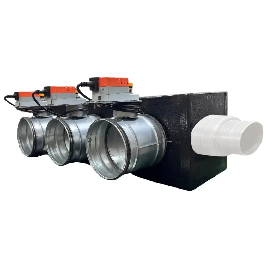Plenum in poliuretano espanso a 3 zone con serrande motorizzate Lindab da 160 o 200 mm con attacco laterale VMC