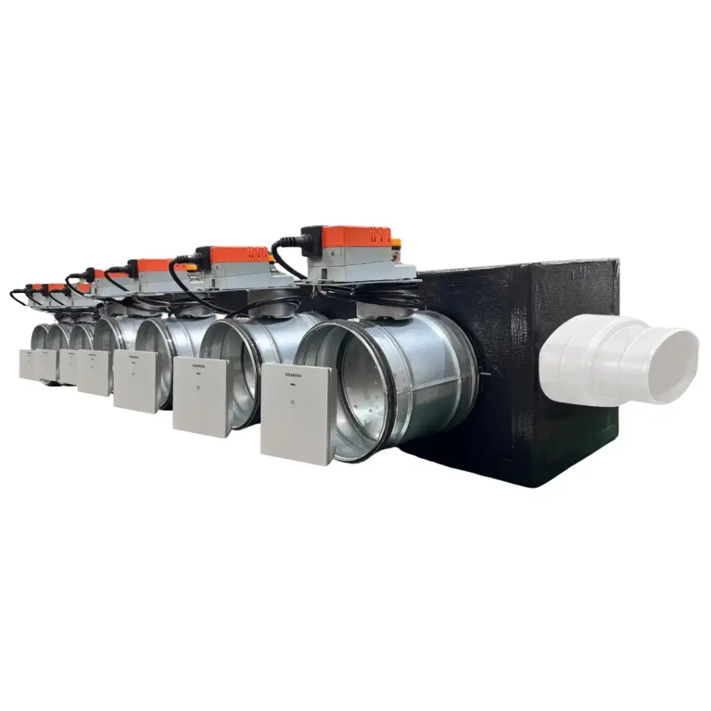 Plenum canalizzato con serrande motorizzate wifi a 7 zone, centralina e interfaccia Siemens con attacco laterale VMC