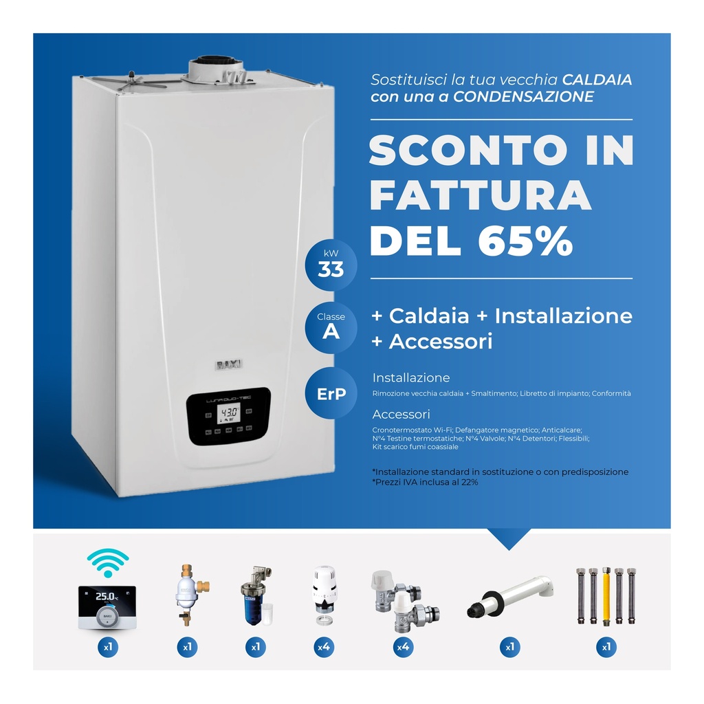 Baxi caldaia Luna Duotec E da 33 kW con accessori e installazione