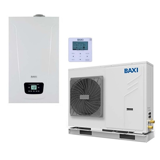 [sistema-ibrido-baxi-auriga-9m-compact-28] Sistema ibrido con caldaia da 28 kw in integrazione alla pompa di calore Baxi Auriga 9 kw monoblocco inverter monofase R32