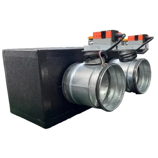 [plenum-2-zone-serrande] Plenum in poliuretano espanso a 2 zone con serrande motorizzate Lindab da 160 o 200 mm