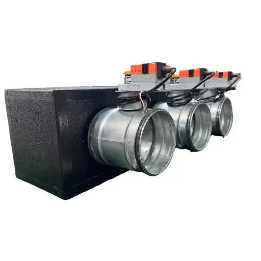 [plenum-3-zone-serrande] Plenum in poliuretano espanso a 3 zone con serrande motorizzate Lindab da 160 o 200 mm