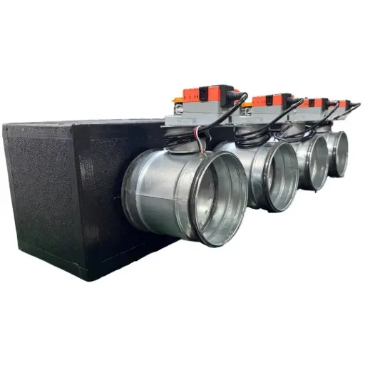 [plenum-4-zone-serrande] Plenum in poliuretano espanso a 4 zone con serrande motorizzate Lindab da 160 o 200 mm