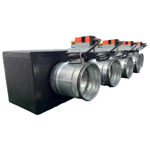 [plenum-5-zone-serrande] Plenum in poliuretano espanso a 5 zone con serrande motorizzate Lindab da 160 o 200 mm