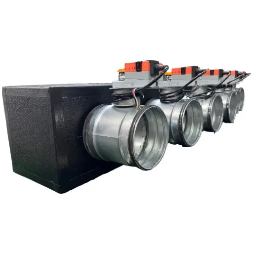 [plenum-6-zone-serrande] Plenum in poliuretano espanso a 6 zone con serrande motorizzate Lindab da 160 o 200 mm