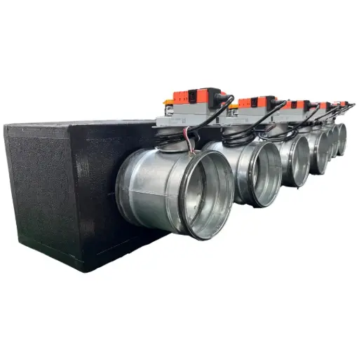 [plenum-7-zone-serrande] Plenum in poliuretano espanso a 7 zone con serrande motorizzate Lindab da 160 o 200 mm