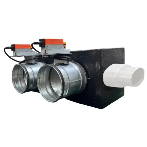 [plenum-2-zone-serrande-vmc] Plenum in poliuretano espanso a 2 zone con serrande motorizzate Lindab da 160 o 200 mm con attacco laterale VMC
