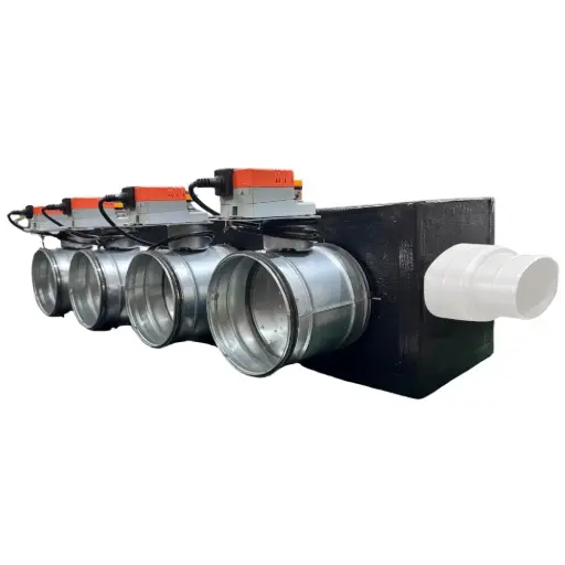 [plenum-4-zone-serrande-vmc] Plenum in poliuretano espanso a 4 zone con serrande motorizzate Lindab da 160 o 200 mm con attacco laterale VMC 