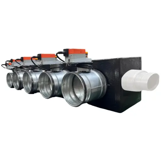 [plenum-5-zone-serrande-vmc] Plenum in poliuretano espanso a 5 zone con serrande motorizzate Lindab da 160 o 200 mm con attacco laterale VMC