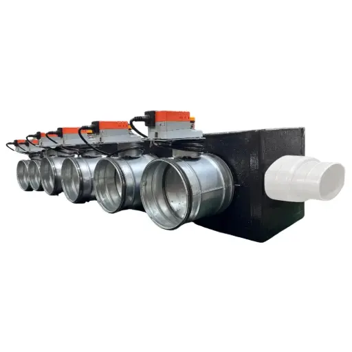 [plenum-6-zone-serrande-vmc] Plenum in poliuretano espanso a 6 zone con serrande motorizzate Lindab da 160 o 200 mm con attacco laterale VMC 