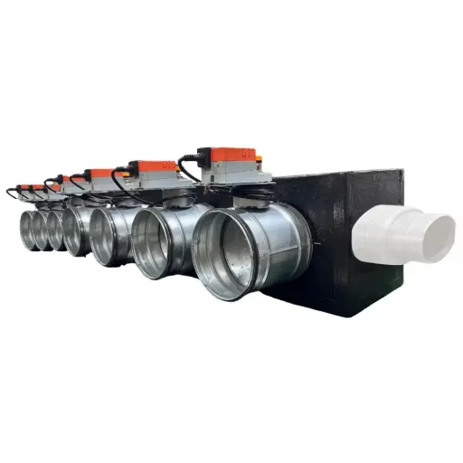 [plenum-7-zone-serrande-vmc] Plenum in poliuretano espanso a 7 zone con serrande motorizzate Lindab da 160 o 200 mm con attacco laterale VMC