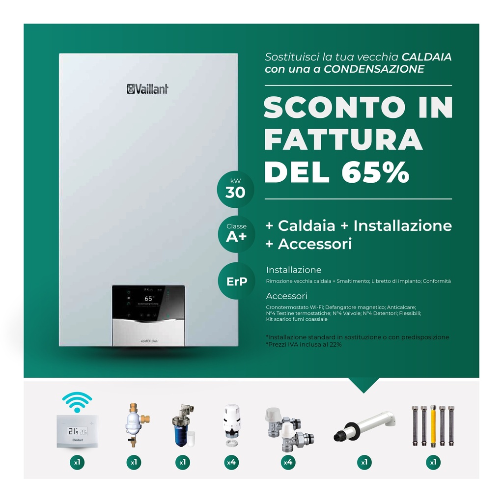 Vaillant caldaia murale a condensazione ecoTEC plus VMW 30 kW con accessori e installazione